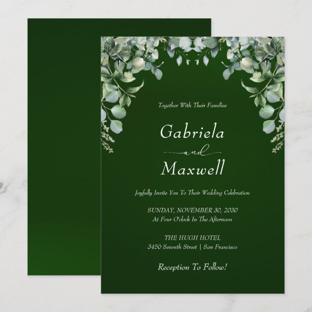 Elegant Emerald Green and Eucalyptus Wedding Invitation (Front/Back)