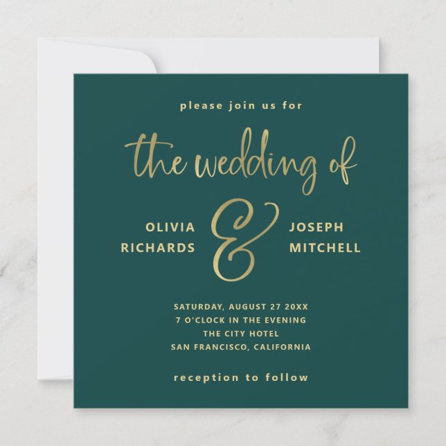 Elegant Emerald Green and Faux Gold Wedding Invitation (Front)