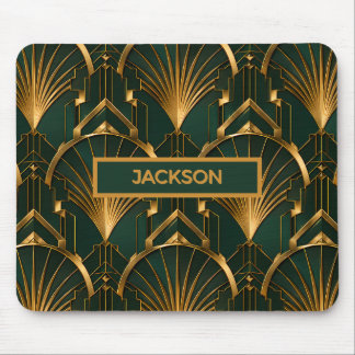 Elegant Emerald Green and Gold Art Deco Monogram Mouse Pad