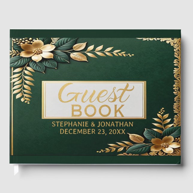 Elegant Emerald Green and Gold Classic Wedding Guest Book (Front)