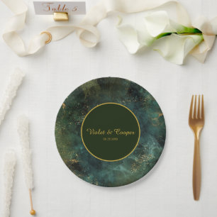 Elegant Emerald Green and Gold Flecks Wedding Pape Paper Plate