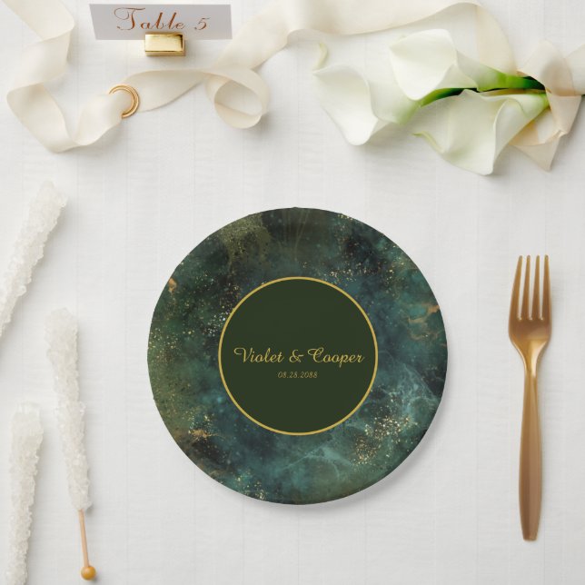 Elegant Emerald Green and Gold Flecks Wedding Pape Paper Plate (Wedding)