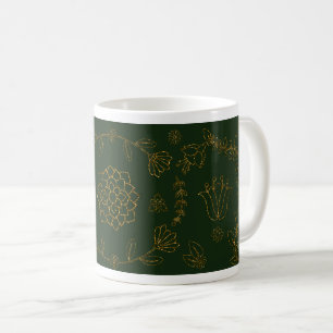 Elegant Emerald Green and Gold Floral Folk Art Mug