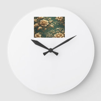 Elegant Emerald Green and Gold Floral Pattern Large Clock