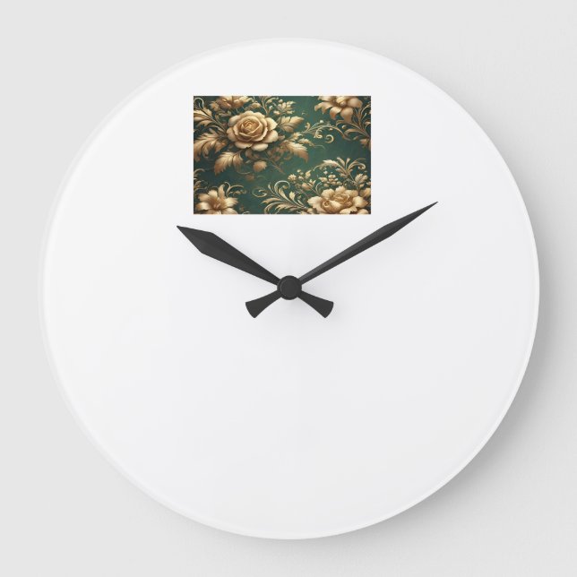 Elegant Emerald Green and Gold Floral Pattern Large Clock (Front)