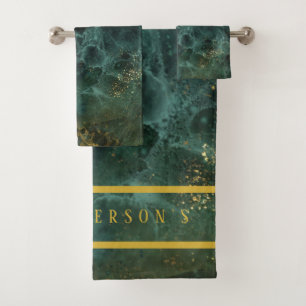 Elegant Emerald Green And Gold Glitter Custom Bath Towel Set