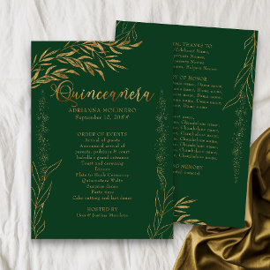 Elegant Emerald Green and Gold Leaf Quinceanera Program