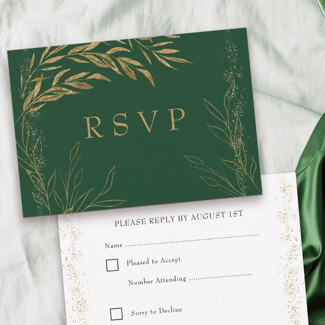 Elegant Emerald Green and Gold Leaf RSVP Card (Emerald Green RSVP with editable response date from my Gold Leaf Collection)