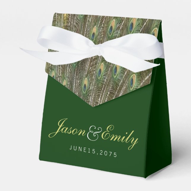 Elegant Emerald Green and Gold Peacock Wedding Favor Box (Front Side)