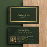 Elegant emerald green and gold QR code luxury Business Card<br><div class="desc">Classy vintage style calligraphy business card with a faux gold metallic frame over an elegant dark green background. Easy to personalize with your details and automatically generated scanning QR code.              Suitable for exclusive beauty salons,  luxurious boutiques,  interior designers,  makeup artists,  and hair stylists.</div>