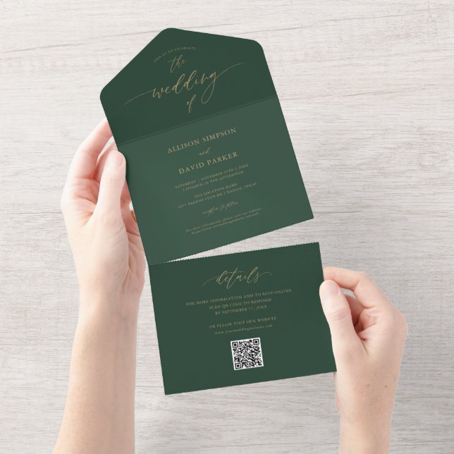 Elegant Emerald Green And Gold QR Wedding  All In One Invitation (Tearaway)