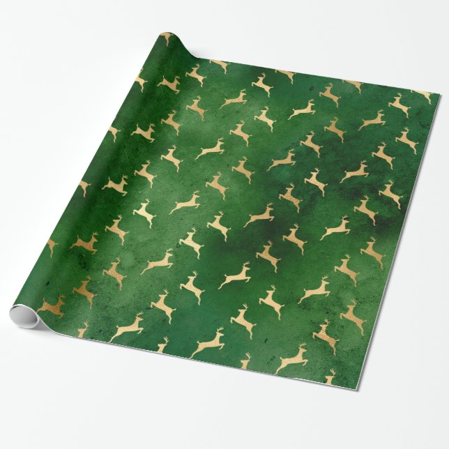 Elegant Emerald Green and Gold Reindeer Christmas Wrapping Paper (Unrolled)
