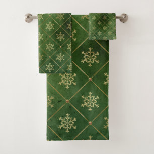 Elegant Emerald Green and Gold Snowflakes Bath Towel Set