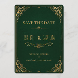 Elegant Emerald Green and Gold Vintage Wedding Invitation