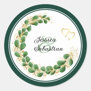 Elegant Emerald Green and Gold Wedding Classic Round Sticker