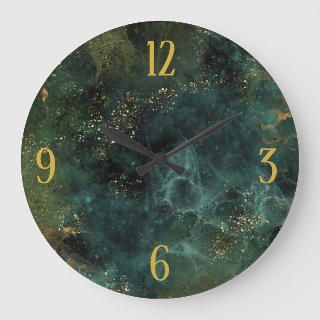 Elegant Emerald Green And Golden Numbers Large Clock (Front)