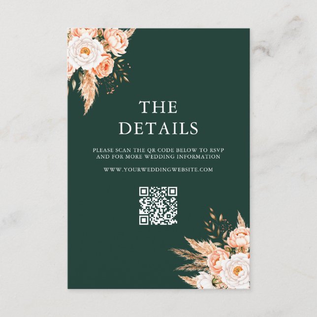 Elegant Emerald Green Boho Chic Floral Wedding Enclosure Card (Front)