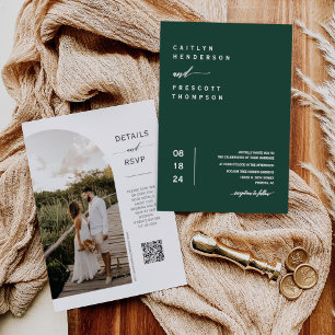 Elegant Emerald Green Boho Photo QR Code Wedding I Invitation