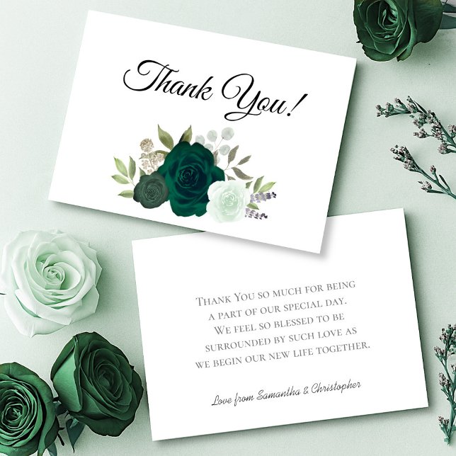 Elegant Emerald Green Boho Roses Wedding Thank You Card (Front/Back)