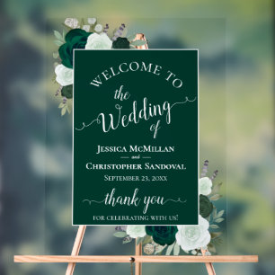 Elegant Emerald Green Boho Roses Wedding Welcome Acrylic Sign