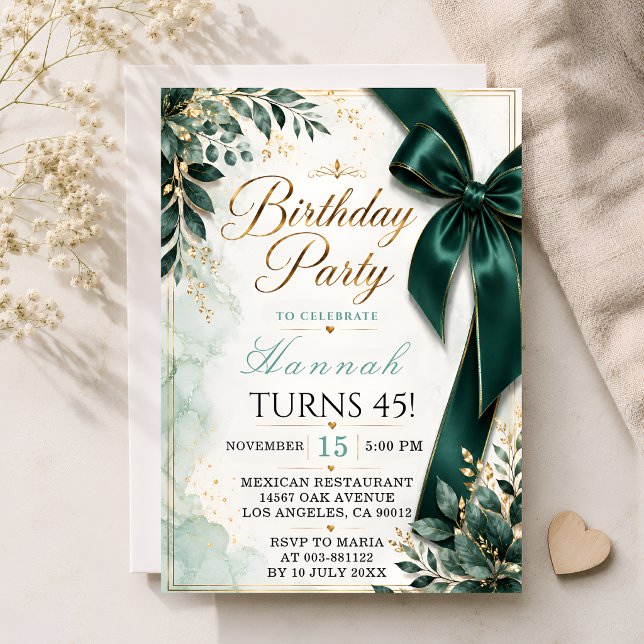Elegant Emerald Green Bow Birthday Party Invitation (Creator Uploaded)