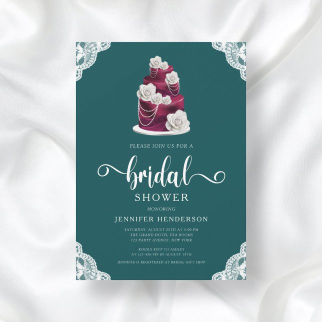 Elegant Emerald Green Cake And Lace Bridal Shower Invitation (Creator Uploaded)