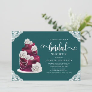 Elegant Emerald Green Cake & Lace Bridal Shower Invitation