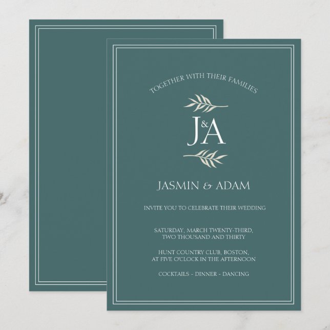 Elegant Emerald Green Classic Initials Wedding  Invitation (Front/Back)