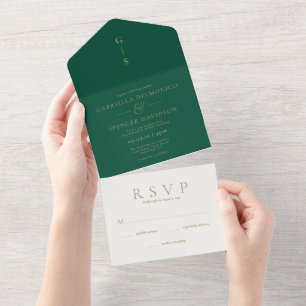 Elegant Emerald Green Cream  All In One Invitation
