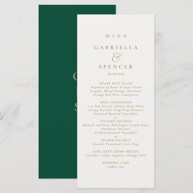Elegant Emerald Green Cream Gold Wedding Menu (Front/Back)