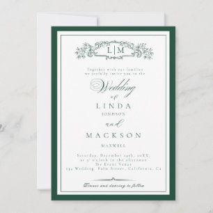 Elegant Emerald Green  Crest Monogram Wedding   In Invitation
