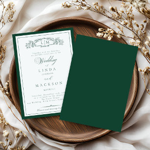 Elegant Emerald Green  Crest Monogram Wedding   In Invitation