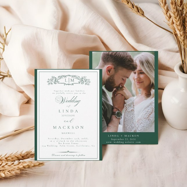 Elegant Emerald Green  Crest Monogram Wedding   In Invitation (Creator Uploaded)