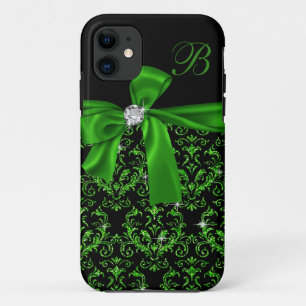 Elegant Emerald Green Damask Diamond Bow Monogram iPhone 11 Case