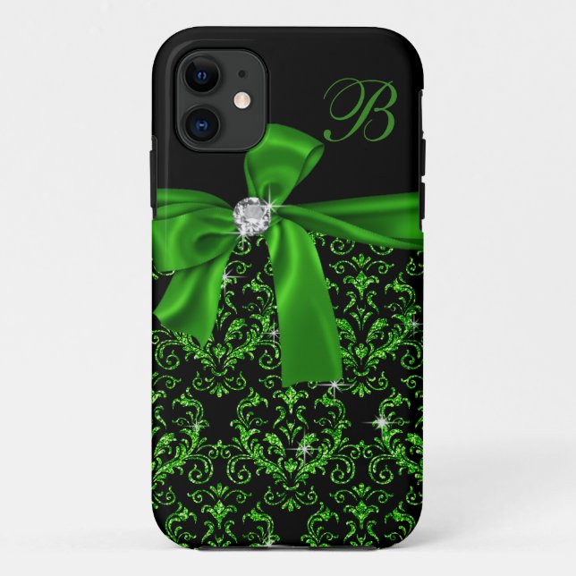 Elegant Emerald Green Damask Diamond Bow Monogram Case-Mate iPhone Case (Back)