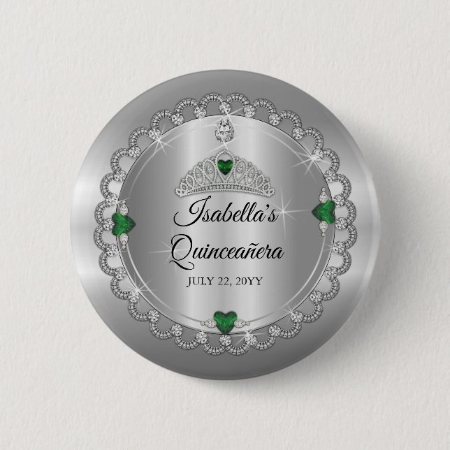 Elegant Emerald Green | Diamond Crown Quinceañera 2 Inch Round Button (Front)