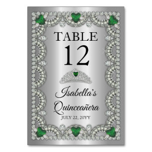 Elegant Emerald Green   Diamond Crown Quinceañera Table Number