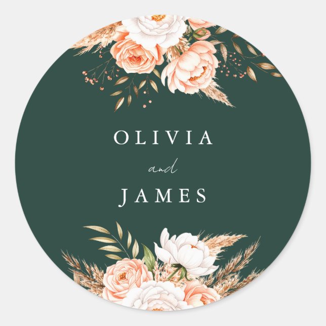 Elegant Emerald Green Floral Fall Wedding Welcome Classic Round Sticker (Front)