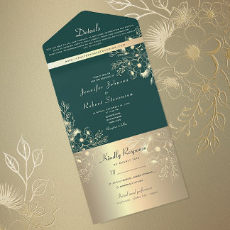Elegant Emerald Green Floral Wedding All In One Invitation