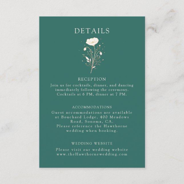 Elegant Emerald Green Floral Wedding Details  Enclosure Card (Front)