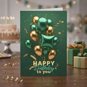 Elegant Emerald Green Gold 3D Balloons Birthday Card