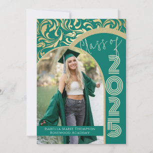 Elegant Emerald Green & Gold Arch Photo Graduation Invitation