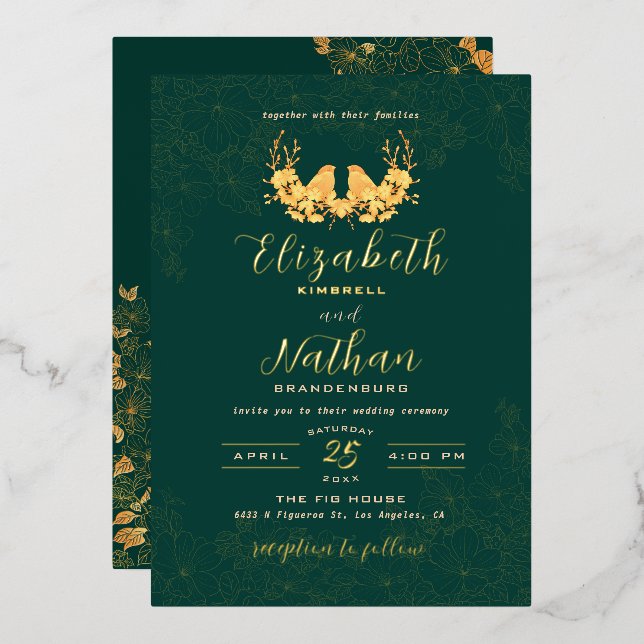 Elegant Emerald Green Gold Birds Floral Wedding (Front/Back)