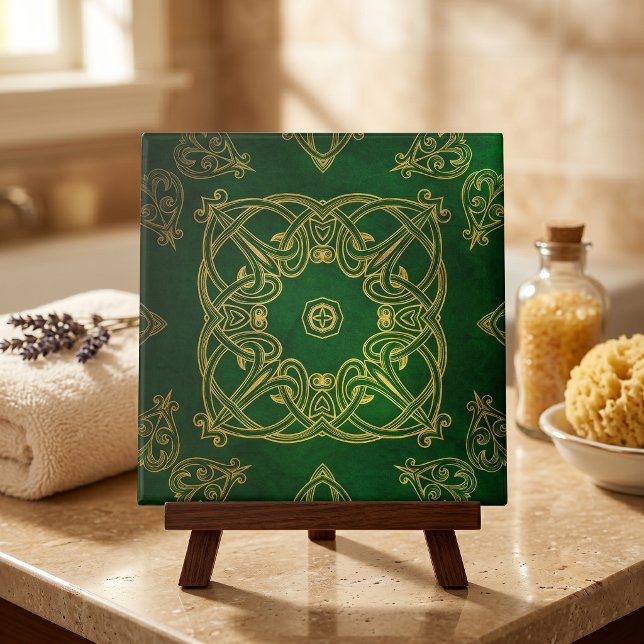 Elegant Emerald Green Gold Celtic Knotwork Damask Tile (Creator Uploaded)