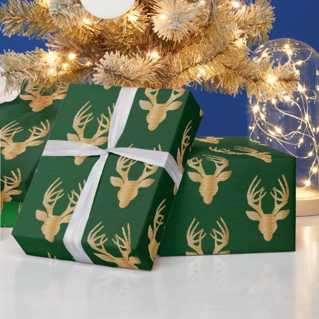 Elegant Emerald Green Gold Christmas Reindeer Gift Wrapping Paper (Holidays)