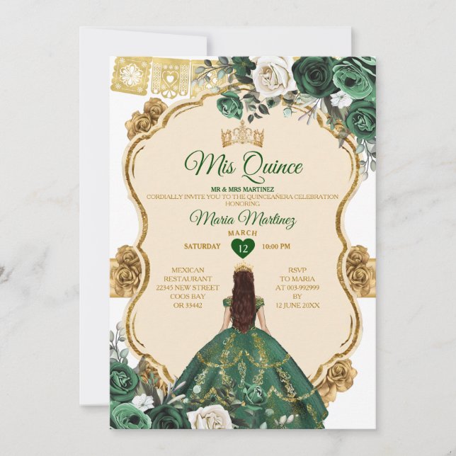 Elegant Emerald Green & Gold Crown Quinceañera Invitation (Front)