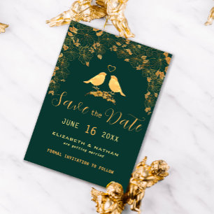 Elegant Emerald Green & Gold Floral Birds Save The Save The Date
