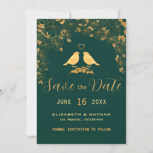 Elegant Emerald Green & Gold Floral Birds Save The Save The Date