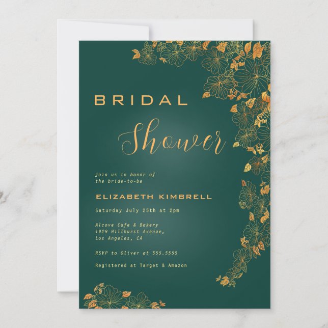 Elegant Emerald Green Gold Floral Bridal Shower Invitation (Front)