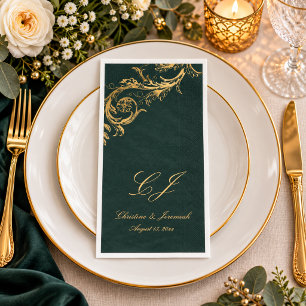 Elegant Emerald Green Gold Floral Damask Wedding Napkin